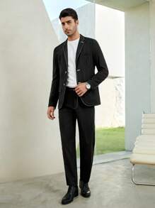 GENTILAND Men Contrast Piping Blazer & Trousers Without Tee - Black - View 5