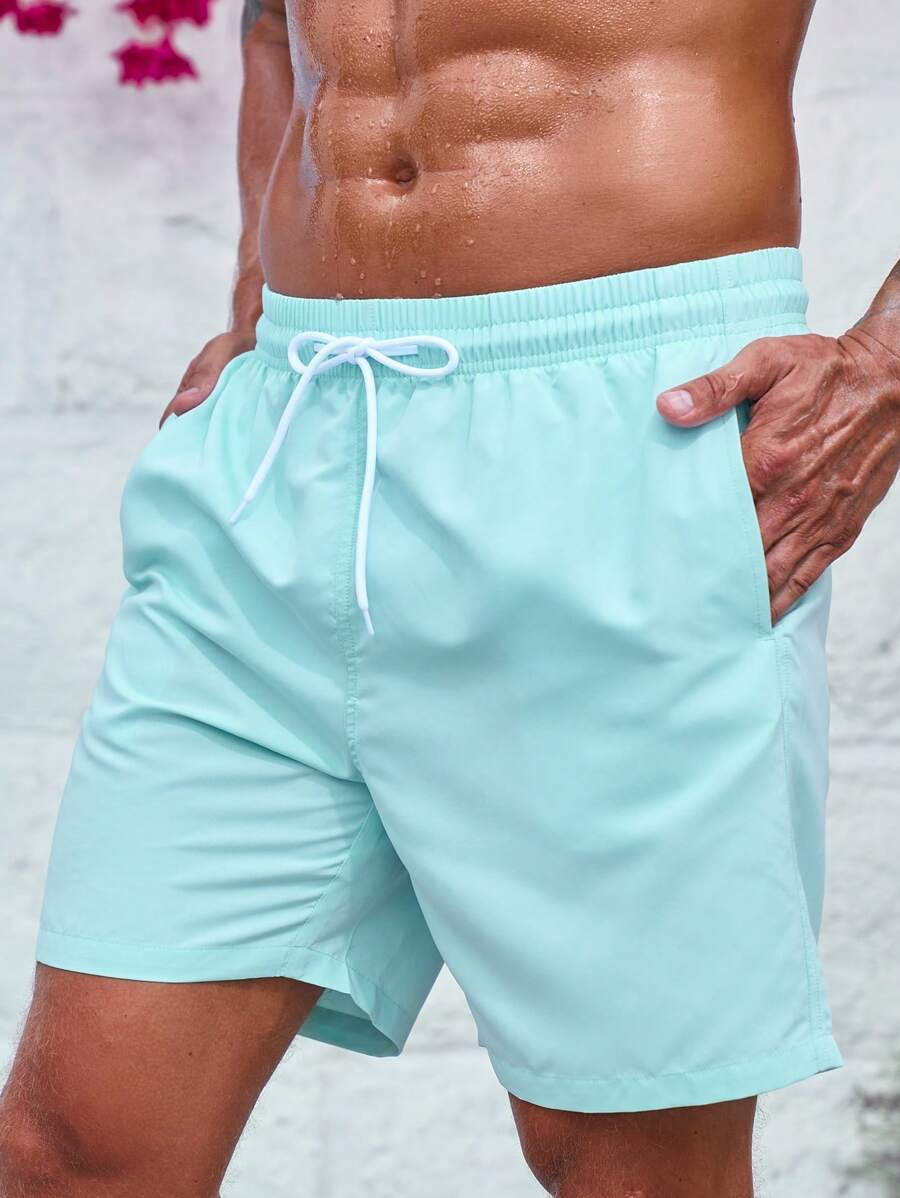 ZELFYO Men Solid Drawstring Waist Swim Trunks - Baby Blue - View 1