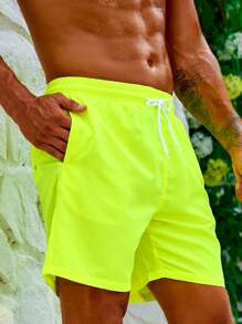 Surfspeed Swim Trunks For Men Drawstring Waist Security Pockets Lightweight 4-Way Stretch Solid Color For Beach Vacation,Resort CasualLime Green Fabric Non-Stretch Lined Beach Shorts,Hawaiian - Lime Green - View 5