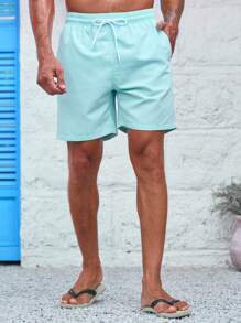 ZELFYO Men Solid Drawstring Waist Swim Trunks - Baby Blue - View 3