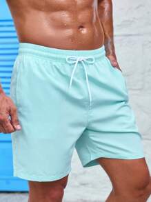 ZELFYO Men Solid Drawstring Waist Swim Trunks - Baby Blue - View 4