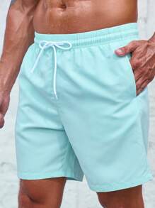 ZELFYO Men Solid Drawstring Waist Swim Trunks - Baby Blue - View 7
