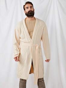 Manfinity VCAY 宽松款男士纯色系带长袖开衫 - 米色 - 查看 5