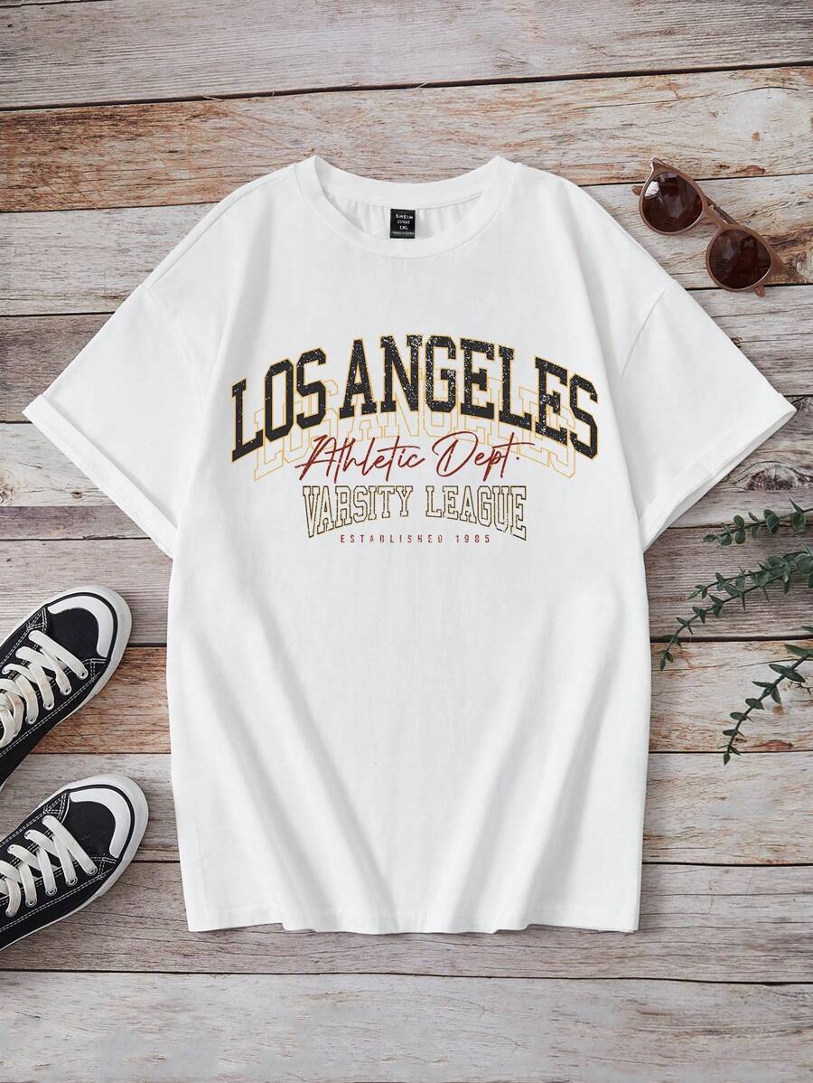 SHEIN EZwear 大碼字母圖案落肩T恤