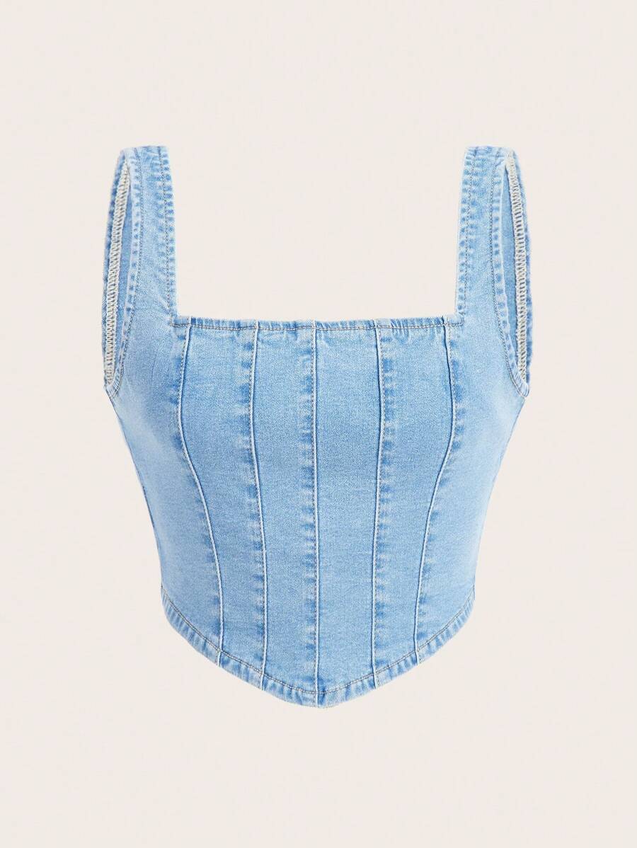 SHEIN MOD Square Neck Hanky Hem Denim Tank Top - Blue - View 1