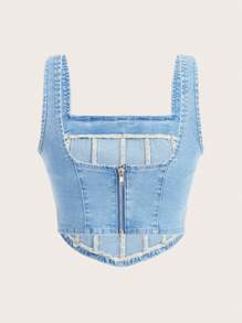 SHEIN MOD Square Neck Hanky Hem Denim Tank Top - Blue - View 2