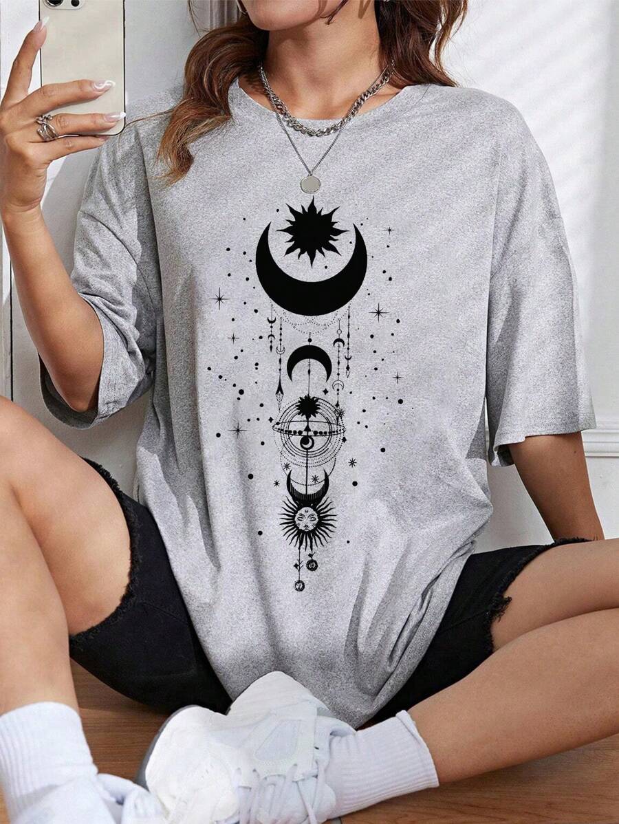 INAWLY 月亮印花落肩 T 恤 图案 T 恤 女式上衣 - 灰色 - 查看 1