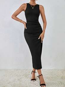 Firerie Vestido tank unicolor de muslo con abertura fruncido - Negro - Ver 3