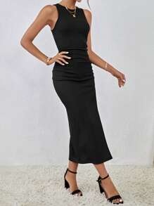 Firerie Vestido tank unicolor de muslo con abertura fruncido - Negro - Ver 5