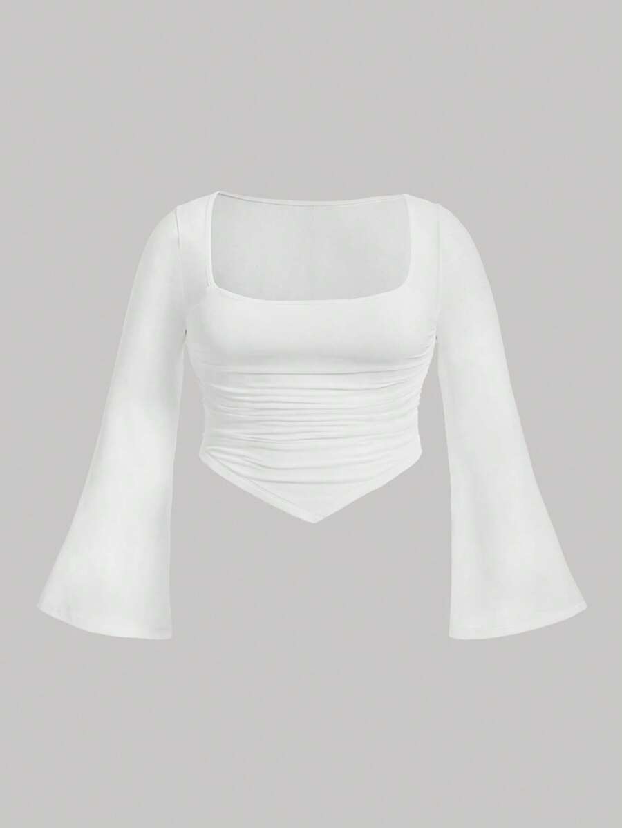 SHEIN MOD 大碼方領喇叭袖頭巾下擺網紗覆蓋上衣 - 白色 - 查看 1