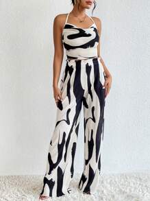 SHEIN Privé Allover Print Halter Top & Wide Leg Trousers - Black and White - View 1