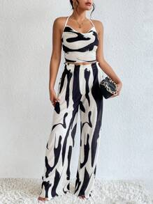 SHEIN Privé Allover Print Halter Top & Wide Leg Trousers - Black and White - View 3