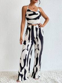 SHEIN Privé Allover Print Halter Top & Wide Leg Trousers - Black and White - View 4