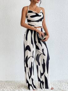 SHEIN Privé Allover Print Halter Top & Wide Leg Trousers - Black and White - View 5