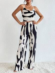 SHEIN Privé Allover Print Halter Top & Wide Leg Trousers - Black and White - View 6