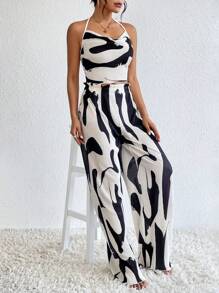 SHEIN Privé Allover Print Halter Top & Wide Leg Trousers - Black and White - View 7