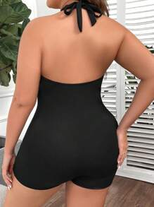 Swim Lushoire Summer Beach Plus Ruched Halter One Piece Swimsuit - Black - View 2