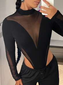 SHEIN ICON Contrast Mesh Mock Neck High Cut Black Bodysuit - Black - View 3