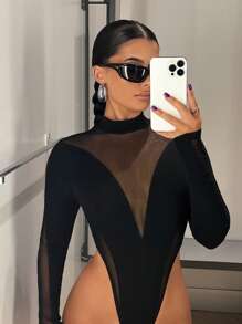 SHEIN ICON Contrast Mesh Mock Neck High Cut Black Bodysuit - Black - View 1