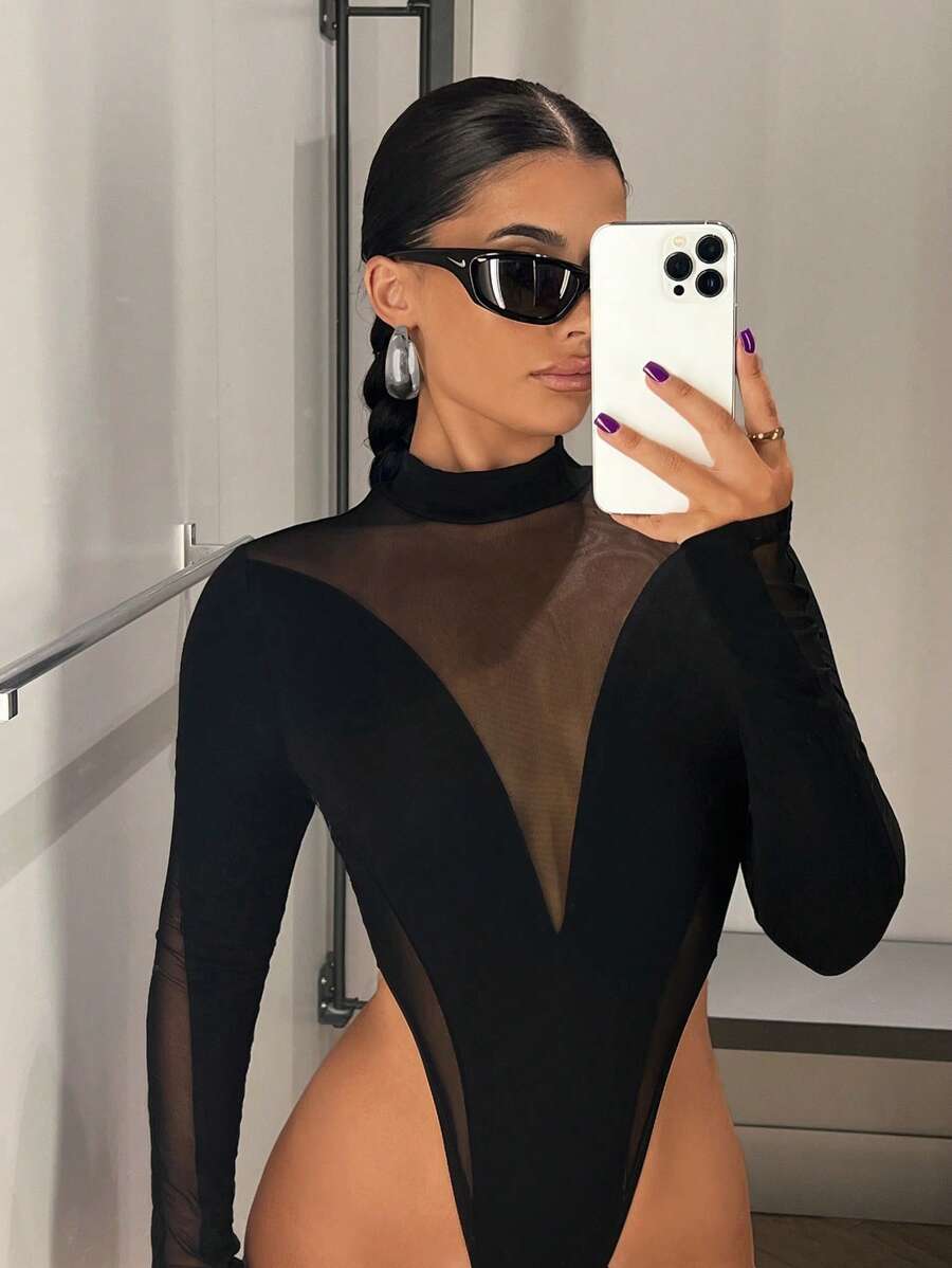 SHEIN ICON Contrast Mesh Mock Neck High Cut Black Bodysuit - Black - View 1