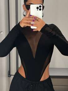 SHEIN ICON Contrast Mesh Mock Neck High Cut Black Bodysuit - Black - View 5