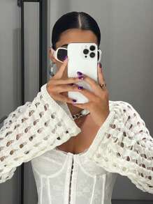 SHEIN ICON 1pc Chain Detail Open Knit Super Crop Jumper - Beige - View 3