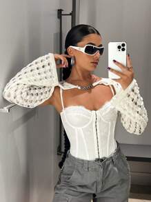 SHEIN ICON 1pc Chain Detail Open Knit Super Crop Jumper - Beige - View 4