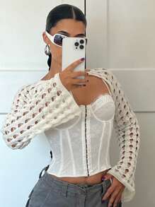 SHEIN ICON 1pc Chain Detail Open Knit Super Crop Jumper - Beige - View 5