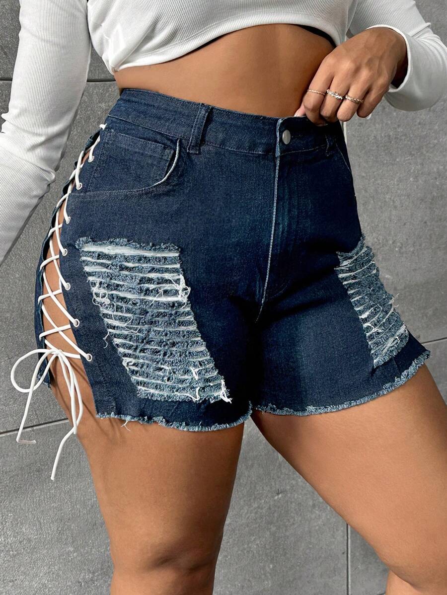 SHEIN SXY Plus Lace Up Side Ripped Raw Hem Denim Shorts - Dark Wash - View 1