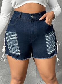 SHEIN SXY Plus Lace Up Side Ripped Raw Hem Denim Shorts - Dark Wash - View 3