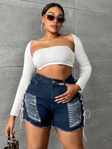 SHEIN SXY Plus Lace Up Side Ripped Raw Hem Denim Shorts - Dark Wash - View 4