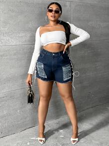 SHEIN SXY Plus Lace Up Side Ripped Raw Hem Denim Shorts - Dark Wash - View 6