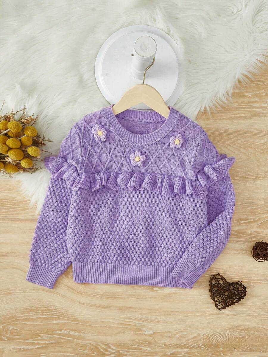 SHEIN Tween Girl Stereo Flower Ruffle Trim Sweater - Lilac Purple - View 1