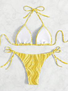 全印花露肩三角比基尼套裝 - 黃色 - 查看 3