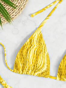 全印花露肩三角比基尼套裝 - 黃色 - 查看 4