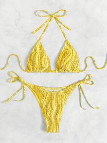 全印花露肩三角比基尼套裝 - 黃色 - 查看 6