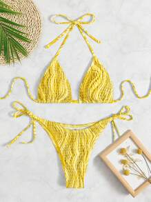 全印花露肩三角比基尼套裝 - 黃色 - 查看 8