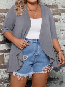 SHEIN LUNE Plus 1pc Solid Open Front Ruffle Hem Kimono - Grey - View 3