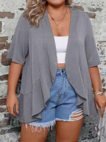 SHEIN LUNE Plus 1pc Solid Open Front Ruffle Hem Kimono - Grey - View 6