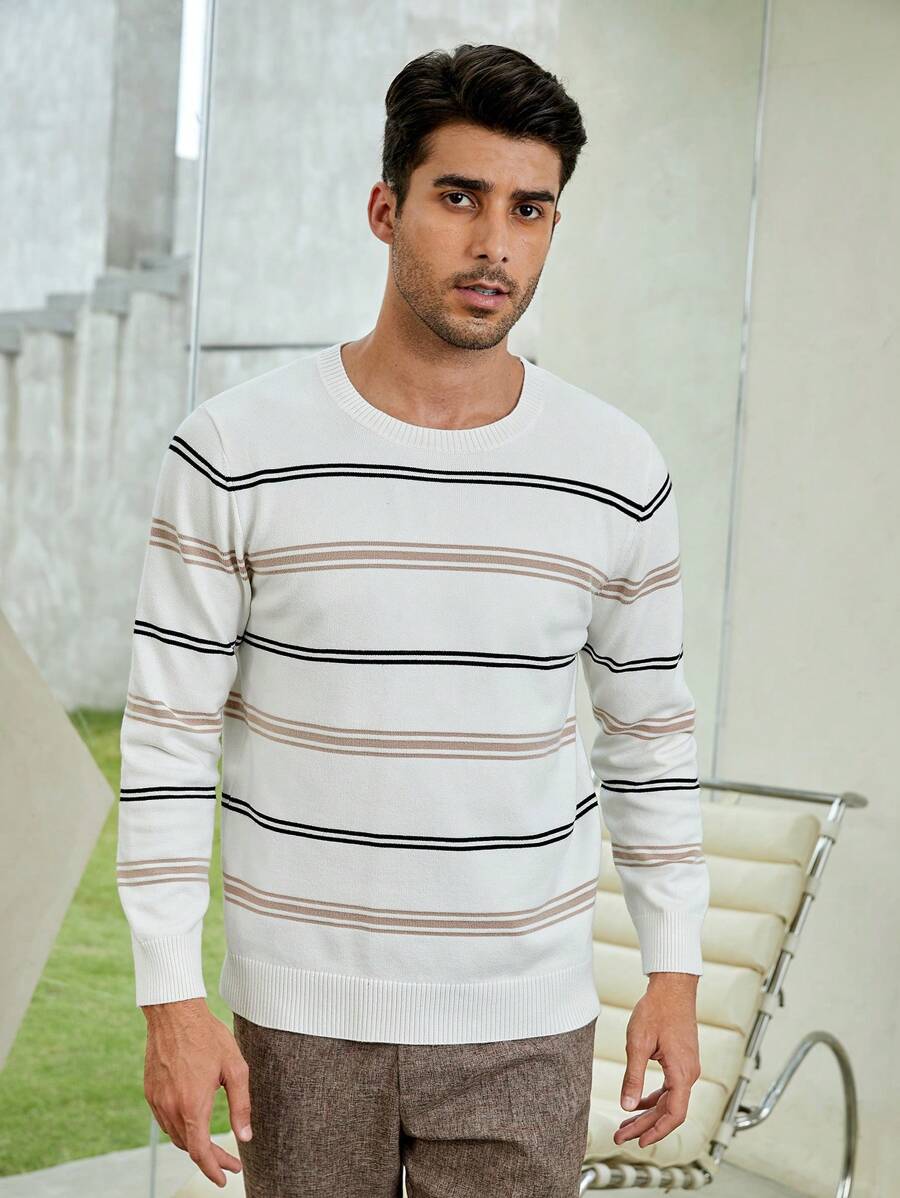 Manfinity VCAY Homme Pull À Rayures - Blanc - Voir 1