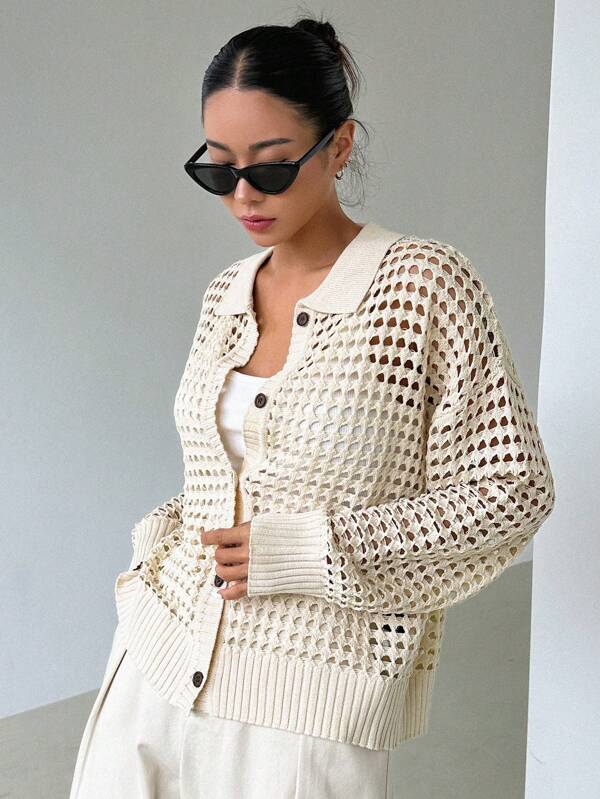 DAZY Hollow Out Drop Shoulder Cardigan,Long Sleeve Tops Sheer
