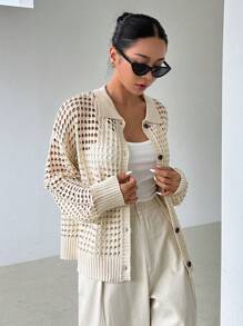 DAZY Hollow Out Drop Shoulder Cardigan,Long Sleeve Tops Sheer,Fall Clothes