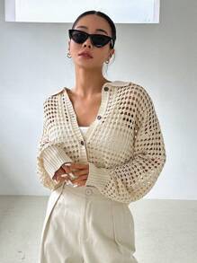 DAZY Hollow Out Drop Shoulder Cardigan,Long Sleeve Tops Sheer,Fall Clothes