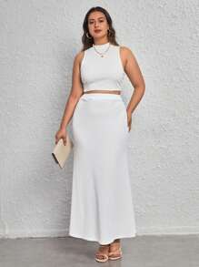 SHEIN Clasi Plus Solid High Waist A-line Skirt - White - View 3