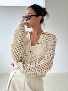 DAZY Hollow Out Drop Shoulder Cardigan,Long Sleeve Tops Sheer,Fall Clothes