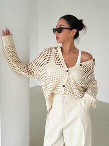 DAZY Hollow Out Drop Shoulder Cardigan,Long Sleeve Tops Sheer,Fall Clothes