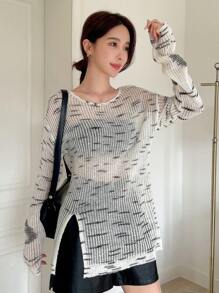 DAZY 满版印花开衩落肩毛衣，秋季女装 - 米色 - 查看 3