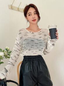 DAZY 满版印花开衩落肩毛衣，秋季女装 - 米色 - 查看 1