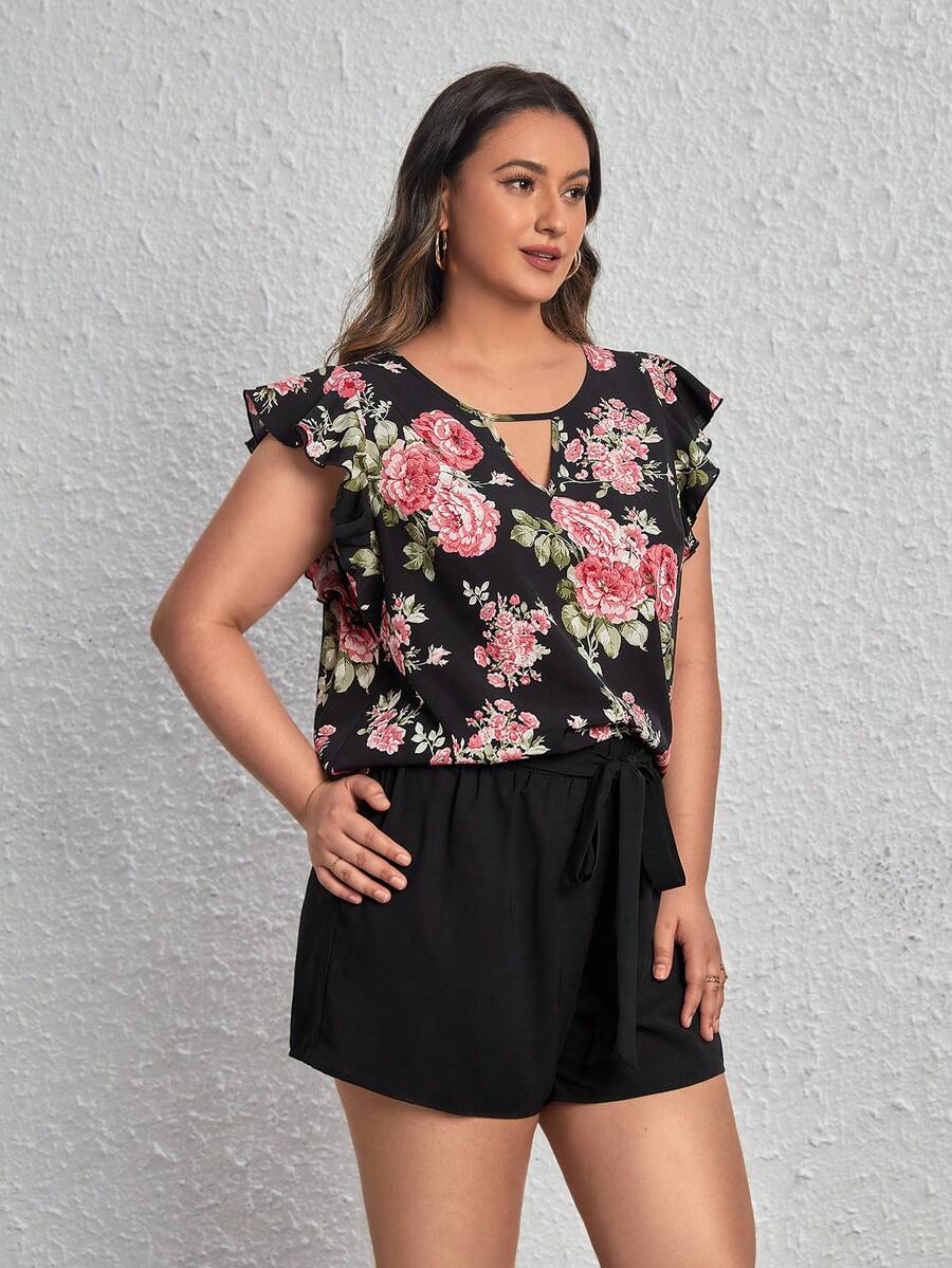 SHEIN Clasi Talla grande con estampado floral ribete con fruncido Top & Shorts con cinturón - Negro - Ver 1
