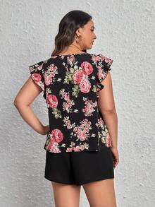 SHEIN Clasi Talla grande con estampado floral ribete con fruncido Top & Shorts con cinturón - Negro - Ver 2